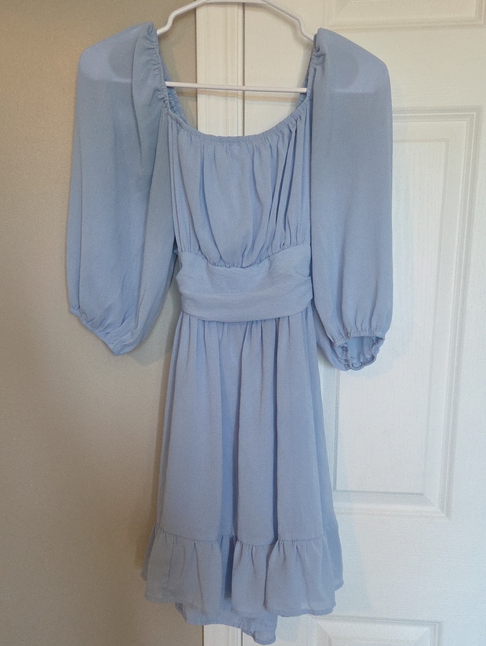 Light Blue Puff-Sleeve Midi Dress with Wide Waistband